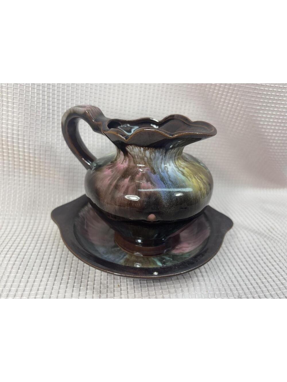 222 Glazed Japan Creamer Pitcher & Plate Multi Color Drip Glaze JAPAN Vintage